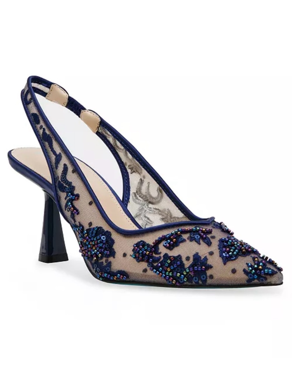 Betsey Johnson Navy Embellished Mesh Slingback Heels